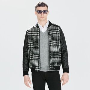 Zara houndstooth bomber jacket w/ leather sleeves